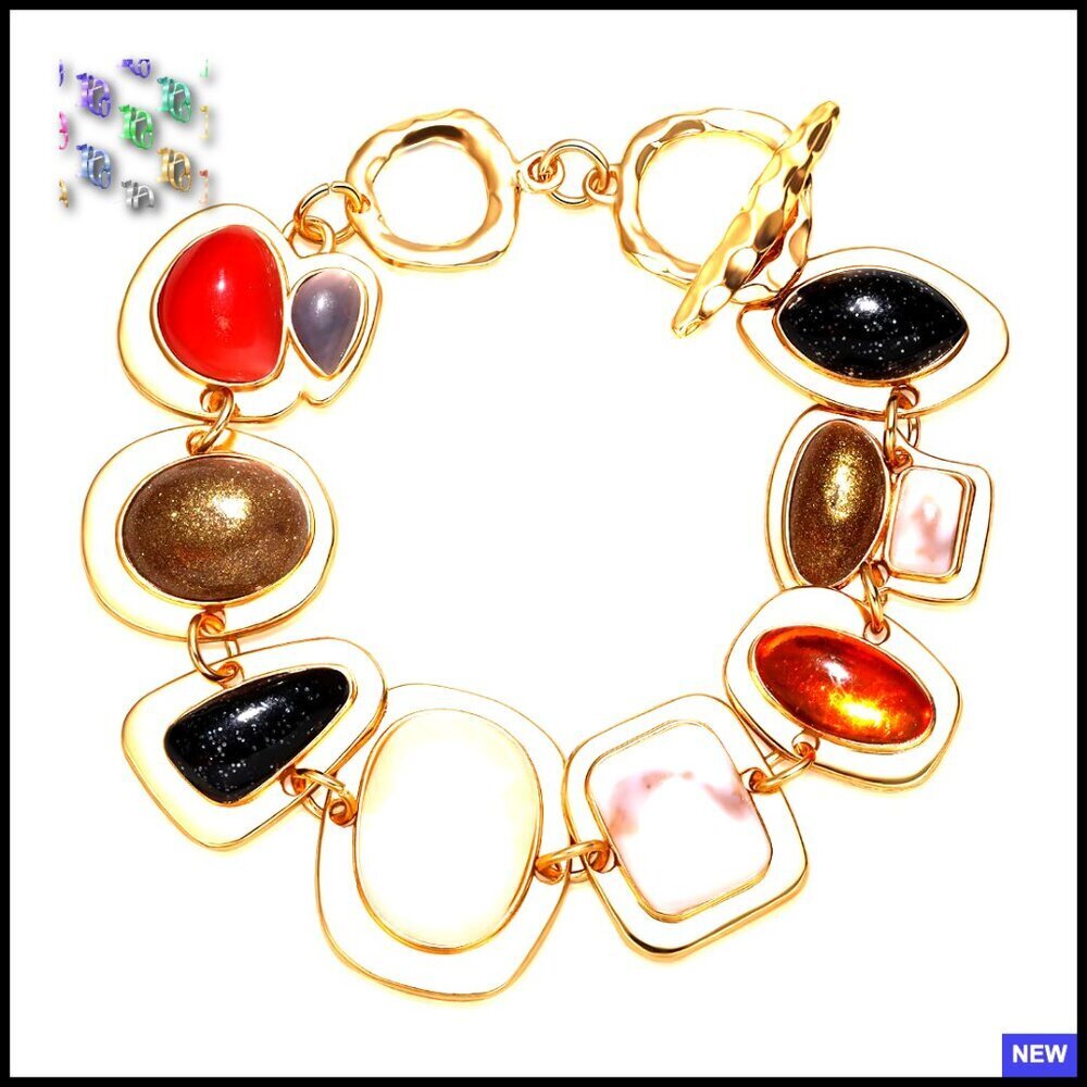 Vintage Multi-Gemstone Charm Bracelet Elegant Adjustable Chain Gold Tone